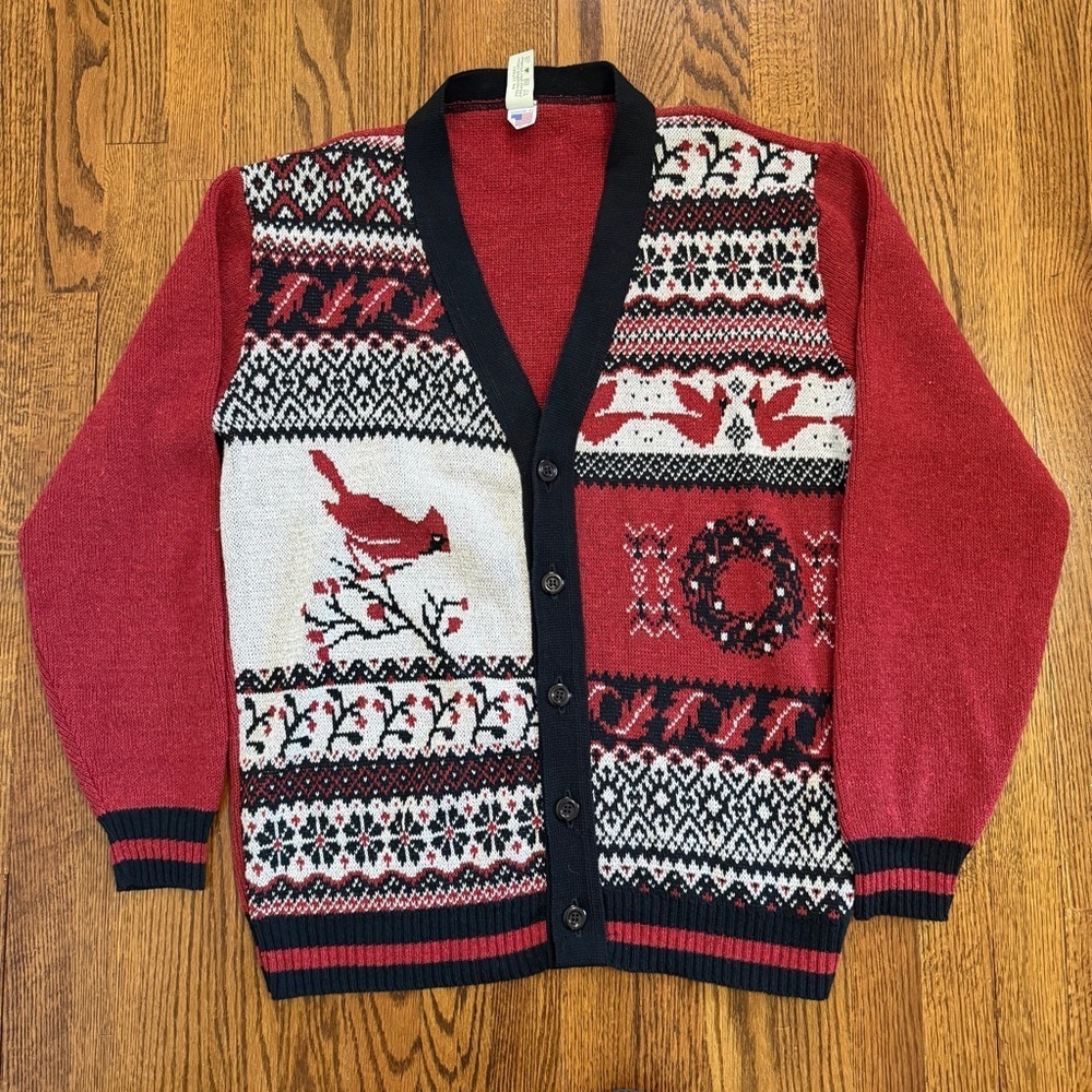Green 3 Red Bird Black White Cardigan Vintage Sweater Size Large